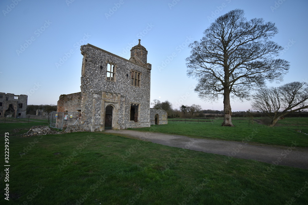 The outer gatehouse of Baconsthorpe Castle, a ruined manor house in Norfolk, England, UK.