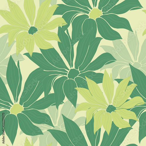 Bright background with green flowers. Vector geometric seamless pattern for fabric and tile.