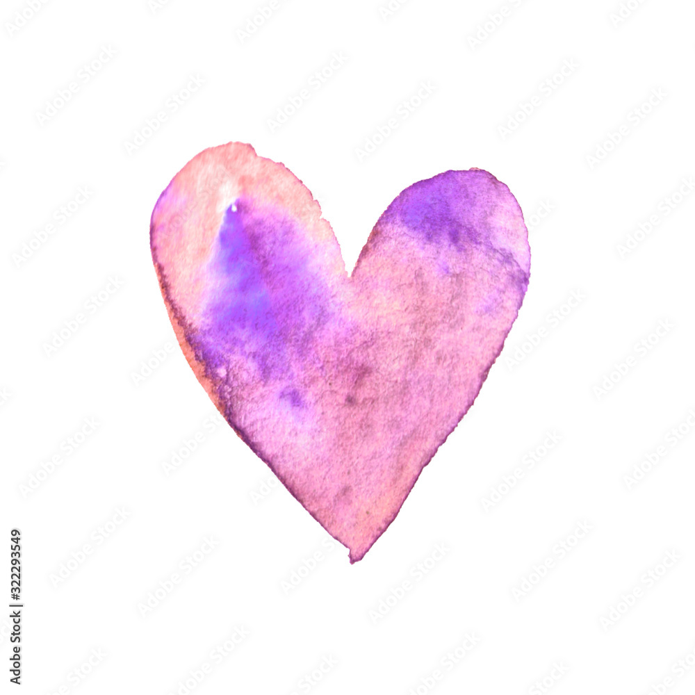 Watercolor big pink purple Heart love. Valentines day background texture. Hand drawn