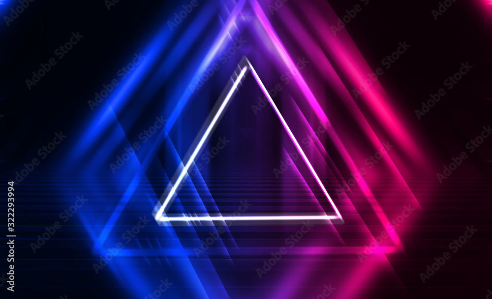 Dark abstract futuristic background. The geometric shape of a triangle in the middle of the scene. Neon blue-pink rays of light on a dark background Dark abstract futuristic background. The geometric shape of a triangle in the middle of the scene. Neon blue-pink rays of light on a dark background
