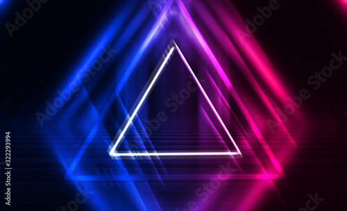 Dark abstract futuristic background. The geometric shape of a triangle in the middle of the scene. Neon blue-pink rays of light on a dark background