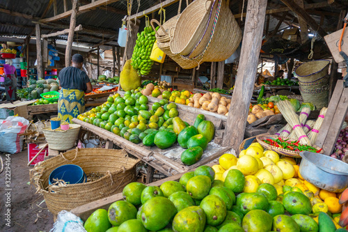 Arusha area: fruits on a table at Native Market in Mto Wa Mbu near the Ngorongoro concervation area withdifferent fruits and wicker dishes