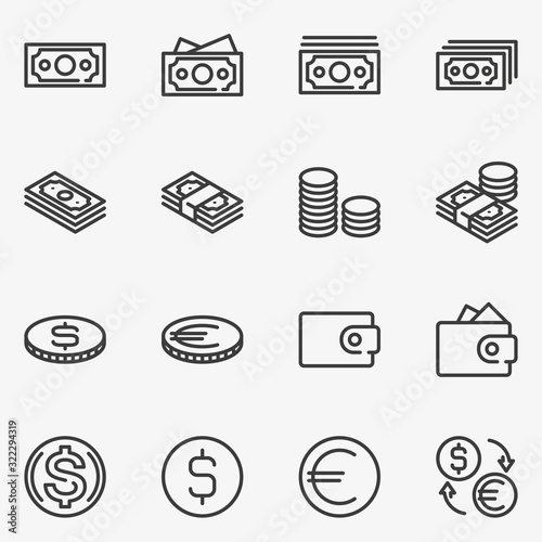 Set of money line black and white vector icon.
