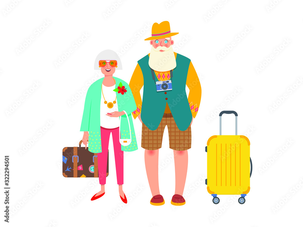 Retired tourists couple are standing with suitcases and a camera. Grandfather and grandmother travel. Grandparents having holidays trip. Retired tourists couple are standing with suitcases and a camera. Grandfather and grandmother travel. Grandparents having holidays trip.