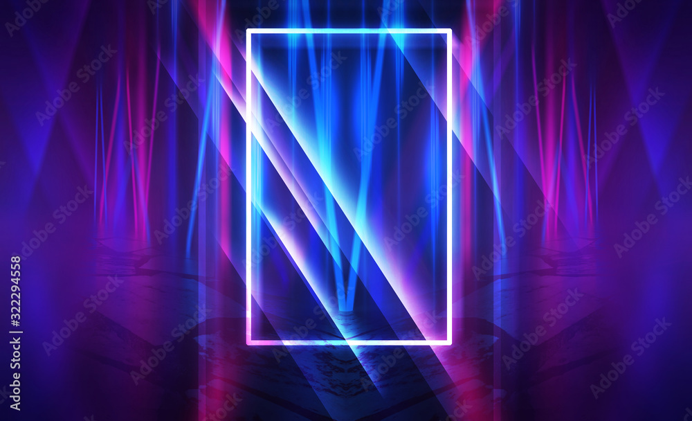 Dark abstract futuristic background. The geometric shape of the rectangle in the middle of the scene. Neon blue-pink rays of light on a dark background Dark abstract futuristic background. The geometric shape of the rectangle in the middle of the scene. Neon blue-pink rays of light on a dark background