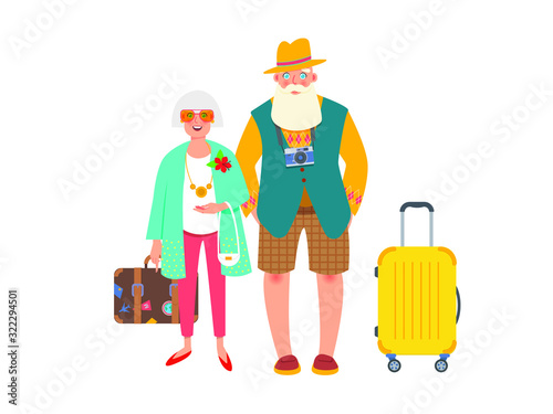 Retired tourists couple are standing with suitcases and a camera. Grandfather and grandmother travel. Grandparents having holidays trip. 