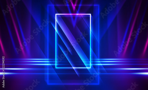 Dark abstract futuristic background. The geometric shape of the rectangle in the middle of the scene. Neon blue-pink rays of light on a dark background