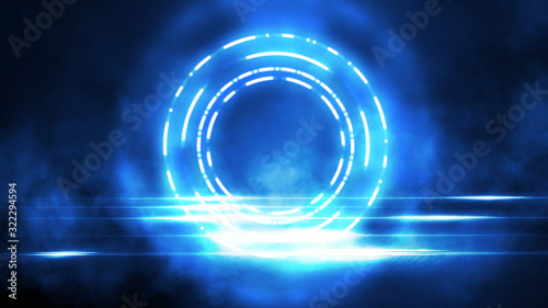 Dark abstract futuristic background. The geometric shape of a circle in the middle of the scene. Neon blue-pink rays of light on a dark background