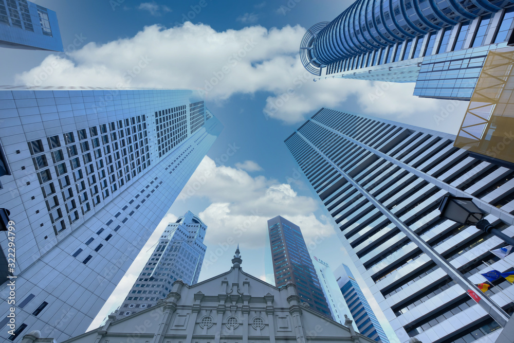 low angle view of singapore financial buildings low angle view of singapore financial buildings