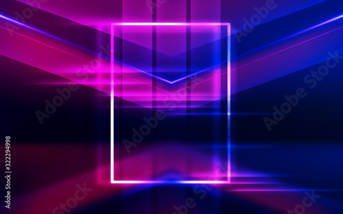 Dark abstract futuristic background. The geometric shape of the rectangle in the middle of the scene. Neon blue-pink rays of light on a dark background