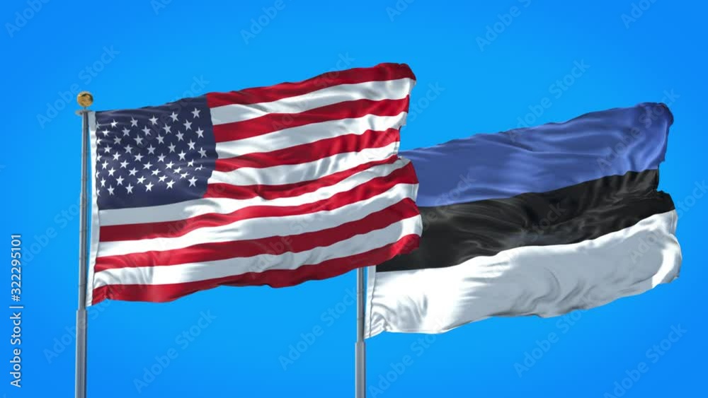 Estonia and United States flag waving in deep blue sky together. High Definition 3D Render. Estonia and United States flag waving in deep blue sky together. High Definition 3D Render.