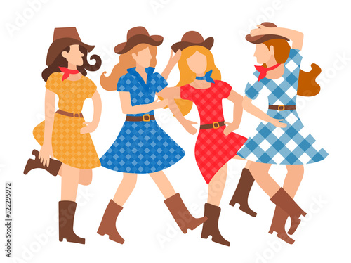Illustration of a featured young girl dancing country style flat style. Beautiful and cheerful women dance in American tradition. Hats, plaid dresses, cowboy boots.