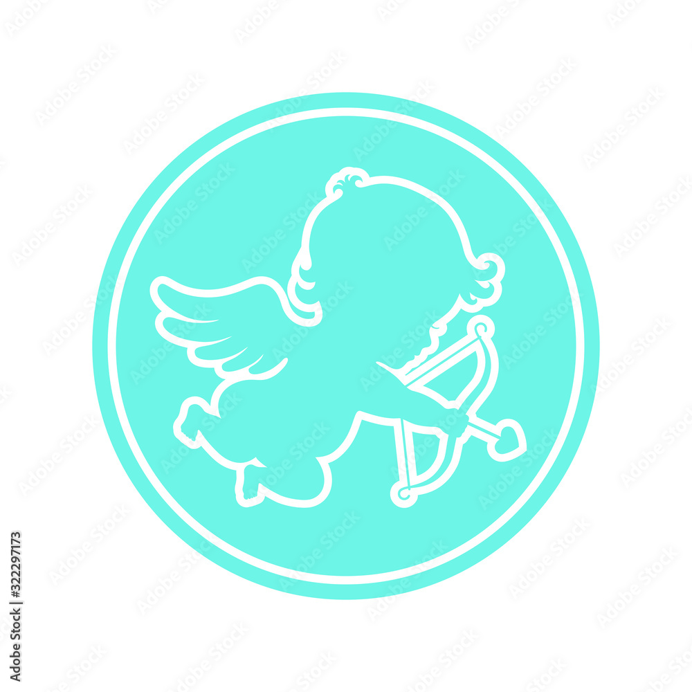 Naklejka premium Cupid graphic icon. Cupid with bow and arrow sign in the circle isolated on white background. Love symbol. Vector illustration