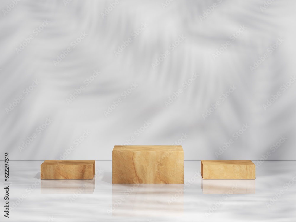 Fototapeta premium Yellow wood podium in white clean space with shadow of leaves. Product Presentation background. 3d rendering - illustration.