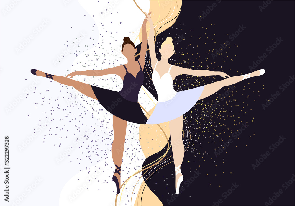 Vector illustration two girls ballerinas dancing in flat style. Beautiful  and graceful women dancing at a dance stand. Bundle of pointe shoes and a  bunch of hair. Black and white swan Stock