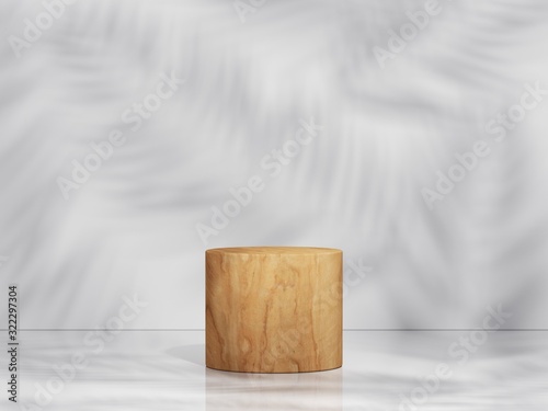 Fototapeta Naklejka Na Ścianę i Meble -  Yellow wood podium in white clean space with shadow of leaves. Product Presentation background. 3d rendering - illustration.