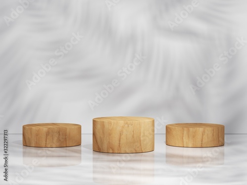 Fototapeta Naklejka Na Ścianę i Meble -  Yellow wood podium in white clean space with shadow of leaves. Product Presentation background. 3d rendering - illustration.