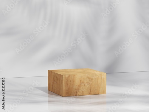Fototapeta Naklejka Na Ścianę i Meble -  Yellow wood podium in white clean space with shadow of leaves. Product Presentation background. 3d rendering - illustration.