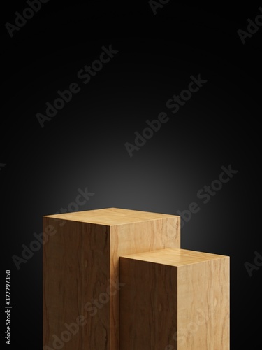 Fototapeta Naklejka Na Ścianę i Meble -  Cosmetic wood podium isolated in black background. Template for product presentation. 3d rendering - illustration.