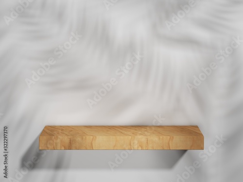 Fototapeta Naklejka Na Ścianę i Meble -  Yellow wood podium in white clean space with shadow of leaves. Product Presentation background. 3d rendering - illustration.