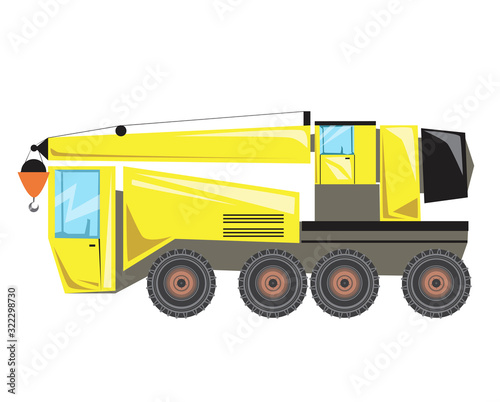 A heavy manipulator with crane and hook isolated on a white background for design, a flat vector stock illustration with a single yellow construction machine