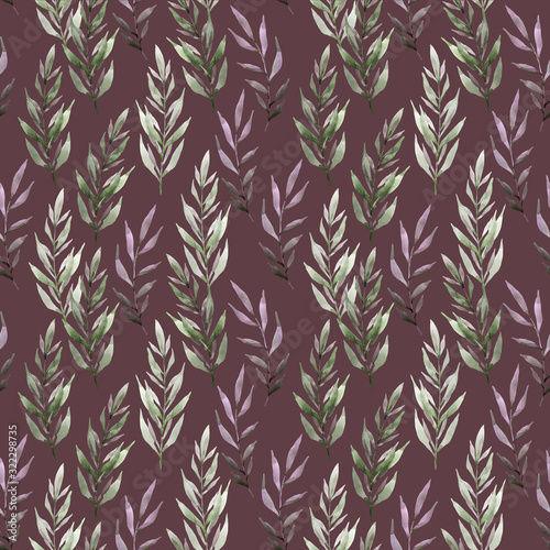 Seamless digital paper, pattern, background with watercolor hand drawn greenery on dark background