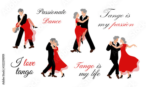 Senior couple dancing tango. Illustration vector set of old people dancing in flat style on a white background. A vigorous old man and an old woman with gray hair dance a beautiful dance