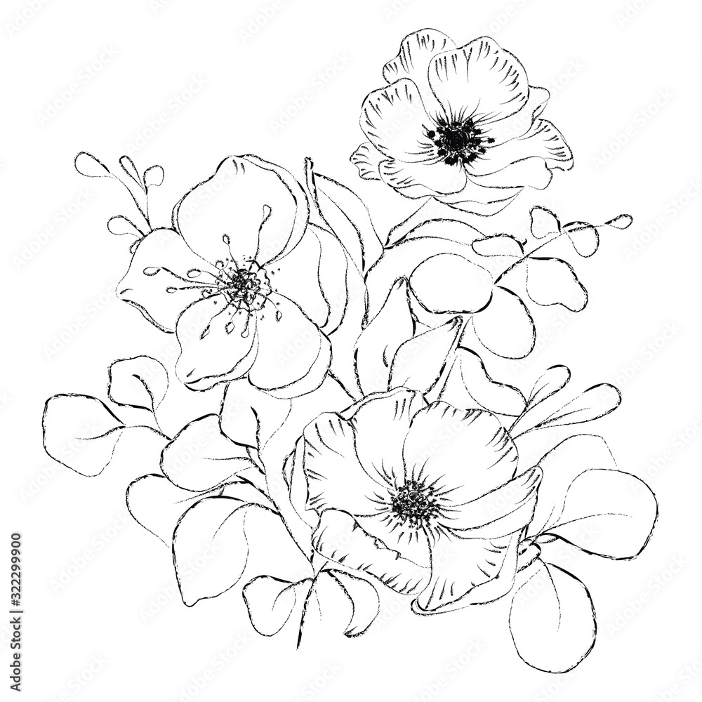 Botanical sketched floral bouquet. Line art hand drawn plant