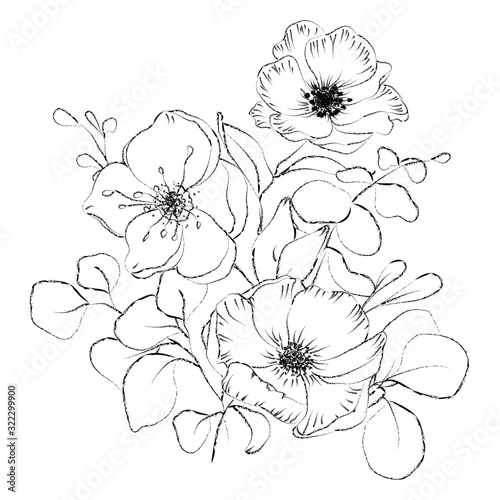 Botanical sketched floral bouquet. Line art hand drawn plant