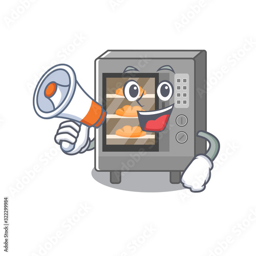 A mascot of oven cake speaking on a megaphone