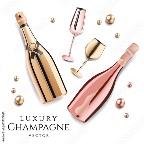 Rose gold champagne bottles with wine glasses, luxury festive alcohol products for celebration, vector illustration.