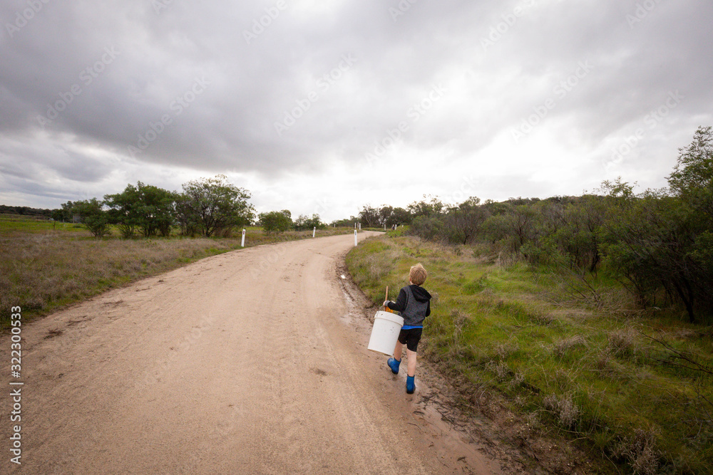 Young boy walking down country lane to go and catch some tadpoles