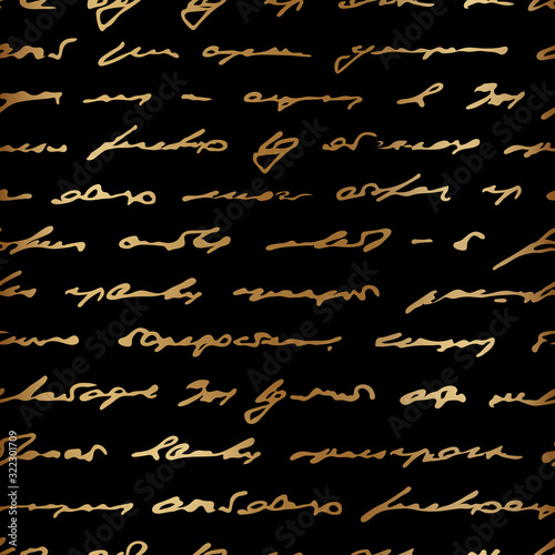 Golden text. Indistinct written handwriting. Romantic letter. Seamless pattern text. Trend design for cover, textile, fabric, interior, paper, packaging, wallpaper, print, background, template, decor
