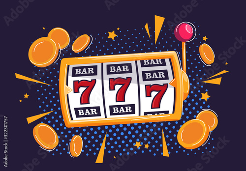 Vector illustration of Big win slots 777 in a casino with gold coins