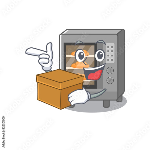 Cute oven cake cartoon character having a box