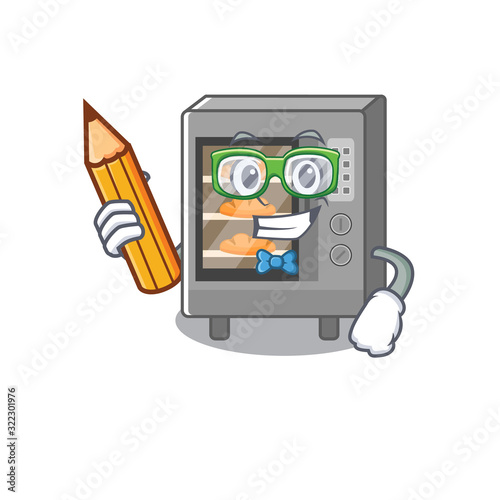A smart Student oven cake character holding pencil