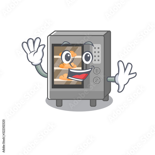 Waving friendly oven cake mascot design style