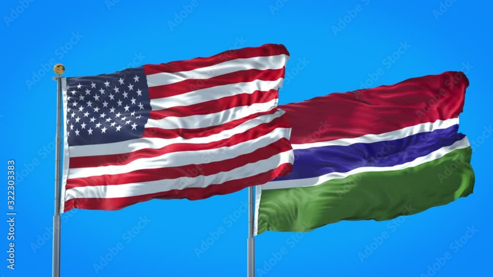 Gambia and United States flag waving in deep blue sky together. High Definition 3D Render. Gambia and United States flag waving in deep blue sky together. High Definition 3D Render.