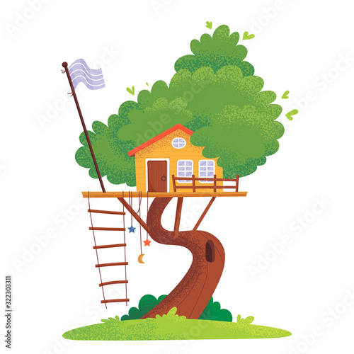 Tree house games and parties for children. Summer playground among green leaves. Flat cartoon style vector illustration