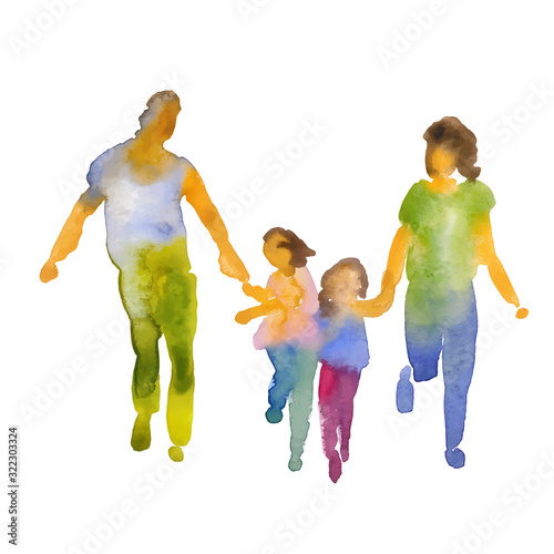 Hand drawn watercolor illustration: group of people. Four people hold hands, a man, a woman and two children are running. Vector.