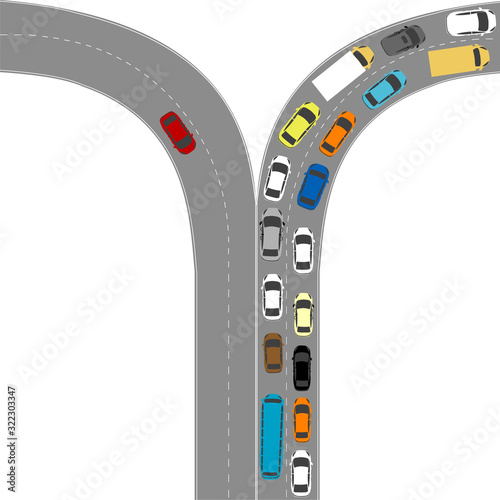 Aerial view to a road with plenty of cars standing at traffic jam on a street