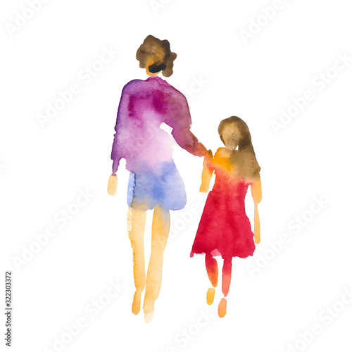 Hand drawn watercolor illustration: group of people. Two people hold hands, woman and girl, mother and daughter. Vector.