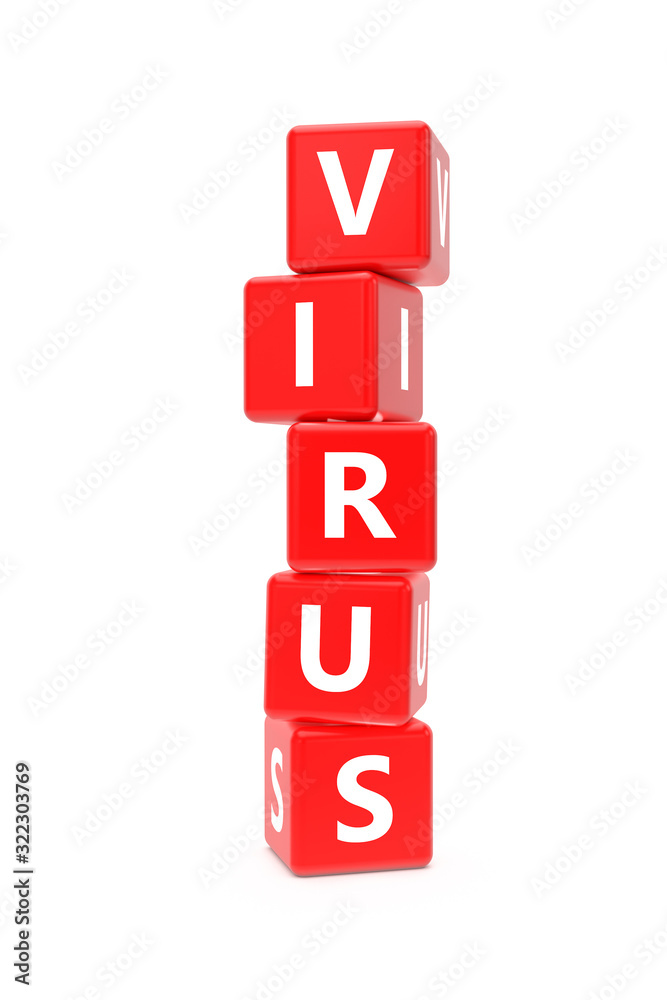 3D Rendering Virus Text on Red Square Boxes 3D Rendering Virus Text on Red Square Boxes