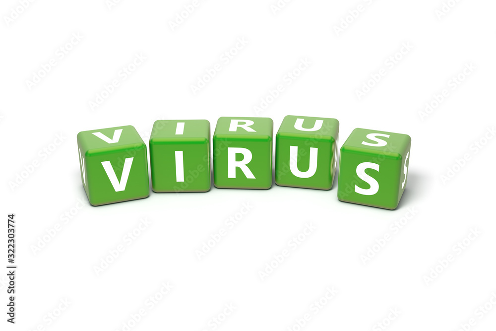 3D Rendering Virus Text on Green Square Boxes 3D Rendering Virus Text on Green Square Boxes
