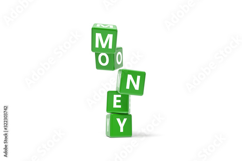 3D Rendering Money Text on Green Square Boxes