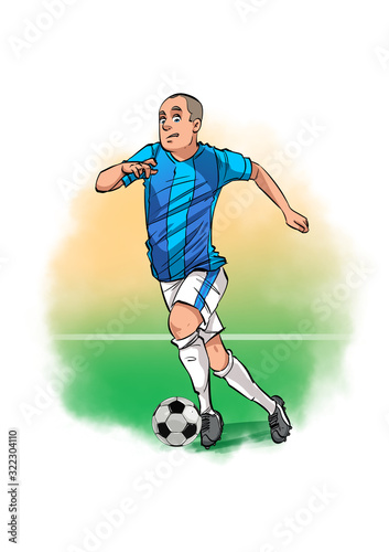 An artistically dribbling player on the football field.