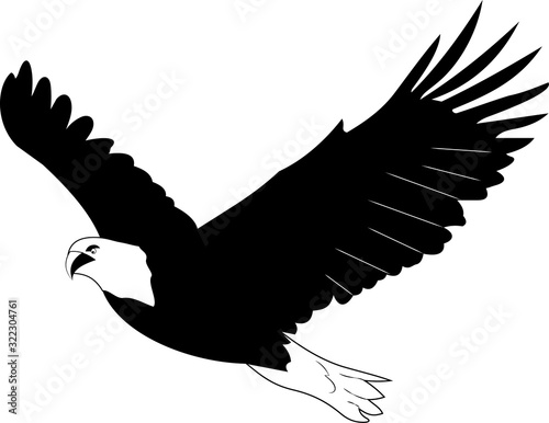 vector black and white graphic illustration of a flying eagle, a soaring eagle, an eagle in the sky