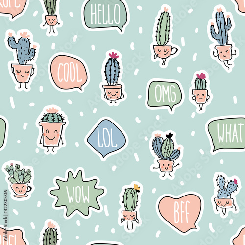 Modern seamless pattern with cacti in trendy muted colors. Happy kawaii cacti and words in the bubble clouds. Ornament for wrapping paper, hobby, scrapbooking, wallpaper. Stock vector
