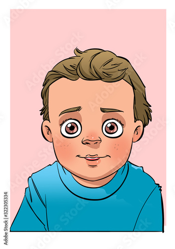 Boy baby face. He looks with interest and love.