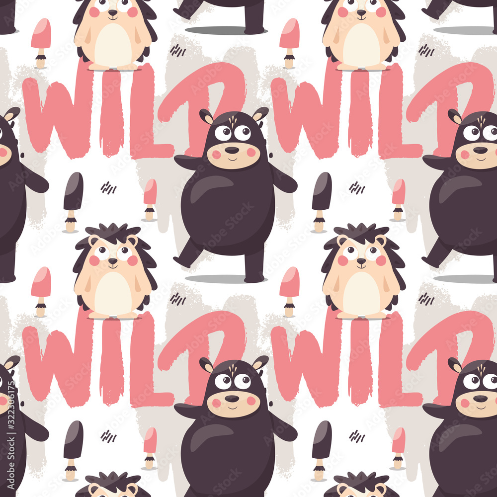 Seamlaee cute wild animal vector pattern with hedgehogs, bears, leaves, plants, mushrooms and graphic elements